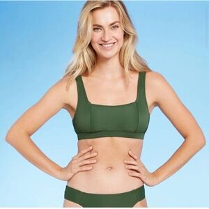 Green Ribbed Square Neck Bikini Top Swimsuit Chic‎ Stylish Fashion